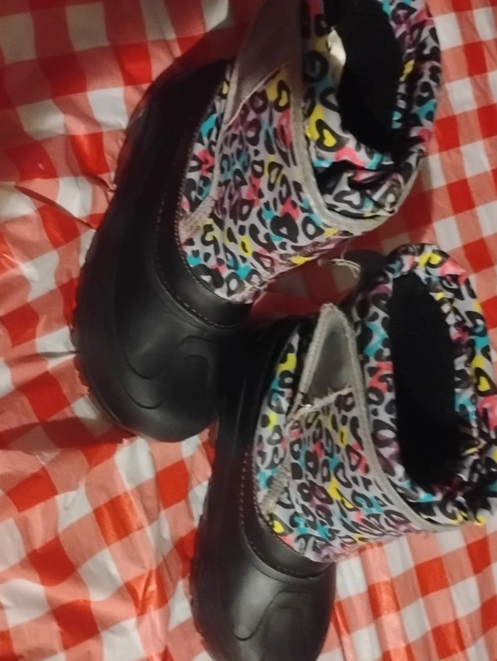 Kids Waterproof Snow Boots in Black with Multicolor Print